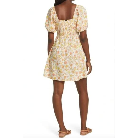 Billabong Loving Life Puff Sleeve Mini Dress Yellow Floral - Size L - Picture 2 of 7